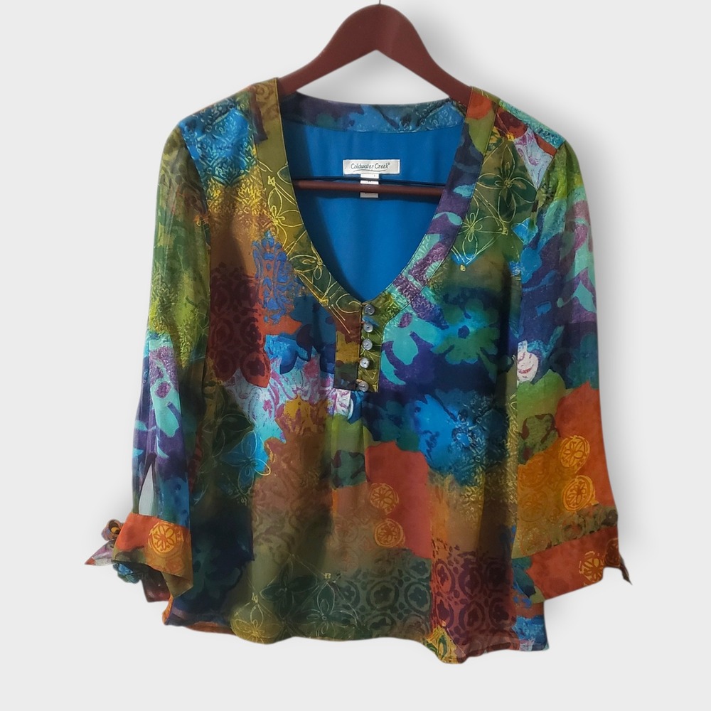 SOLD-Coldwater Creek 100% Silk Abstract Floral Patchwork Blouse Womens Medium - Picture 2 of 13